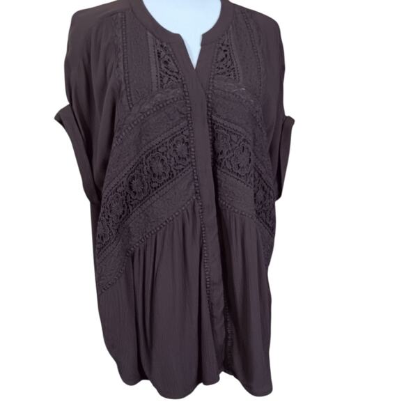 CHICO'S 2 Boho‎ Artsy Crochet Blouse Top L Short Sleeves Flowy Career Vacation - Picture 8 of 10